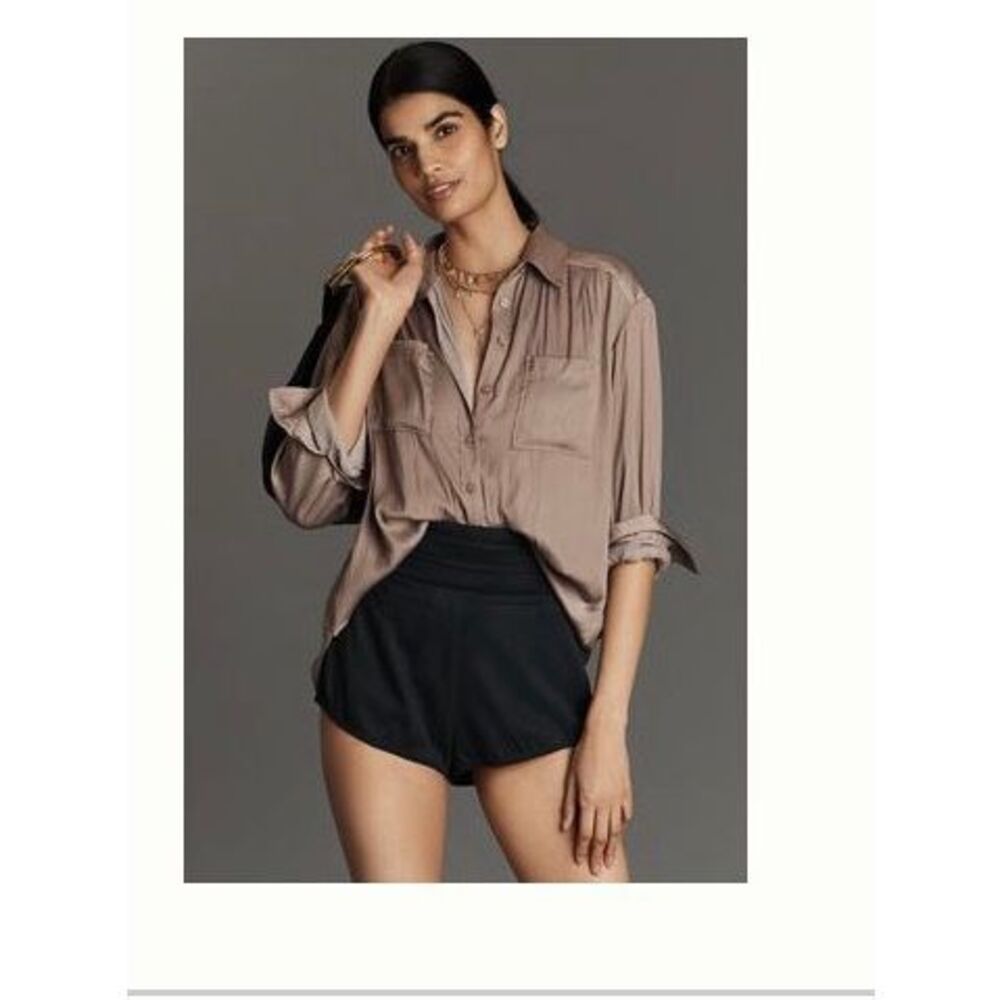 Anthropologie Long Sleeve Satin Gray Button Up Blouse NWT